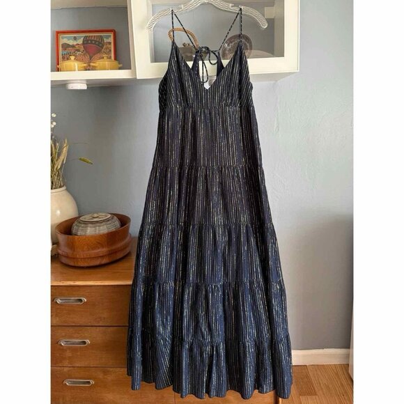 Boden Tiered Maxi Dress Navy Blue/ Gold Metallic Stripe Boho Size 10 R - Picture 1 of 10
